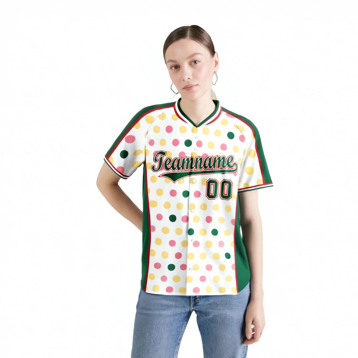 Custom White Green Pink Authentic Polka Dot Fashion Baseball Jersey