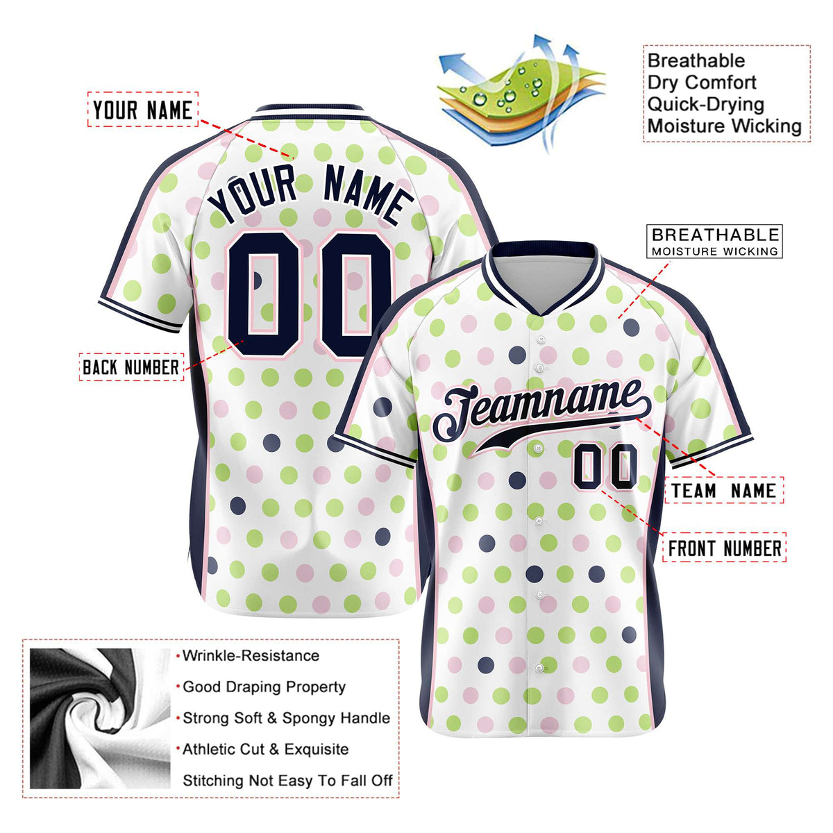 Custom White Navy Green Authentic Polka Dot Fashion Baseball Jersey