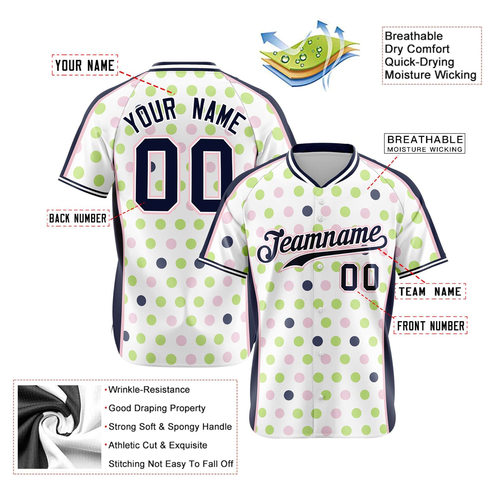 Custom White Navy Green Authentic Polka Dot Fashion Baseball Jersey