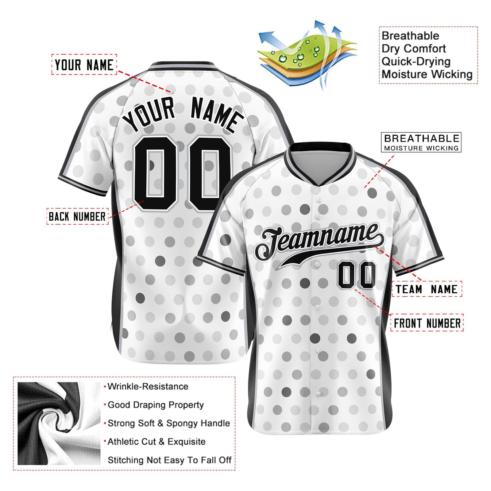 Custom White Black Gray Authentic Polka Dot Fashion Baseball Jersey