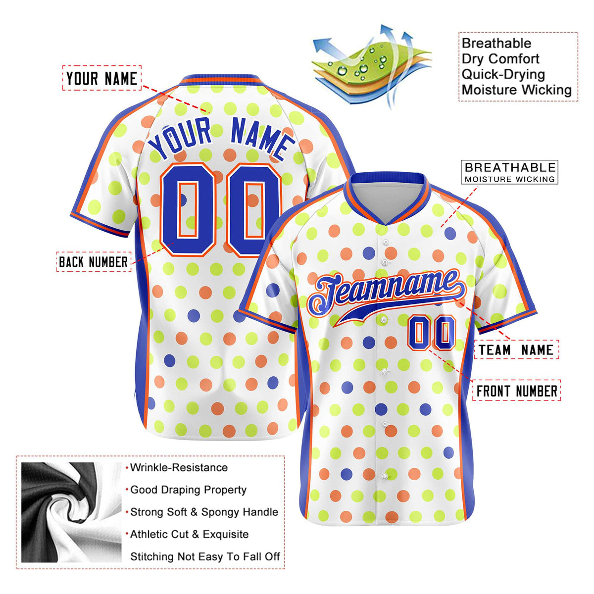 Custom White Royal Blue Orange Authentic Polka Dot Fashion Baseball Jersey
