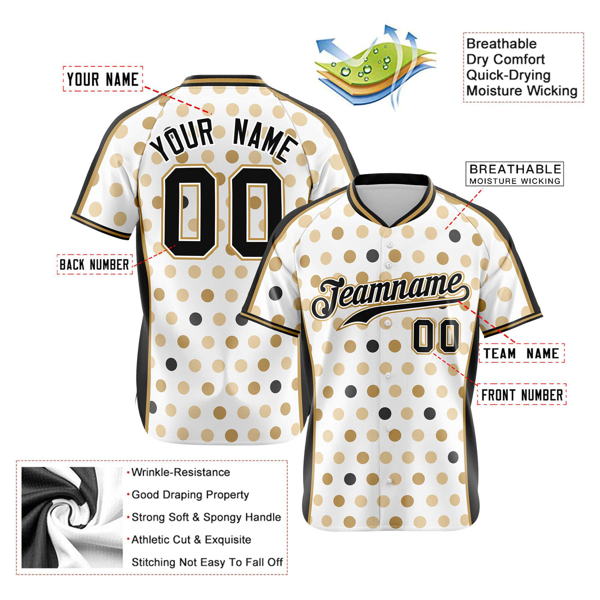 Custom White Black Old Gold Authentic Polka Dot Fashion Baseball Jersey