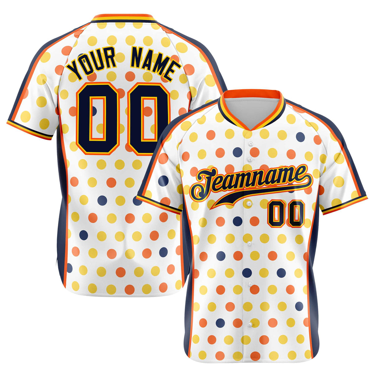 Custom White Navy Orange Gold Authentic Polka Dot Fashion Baseball Jersey