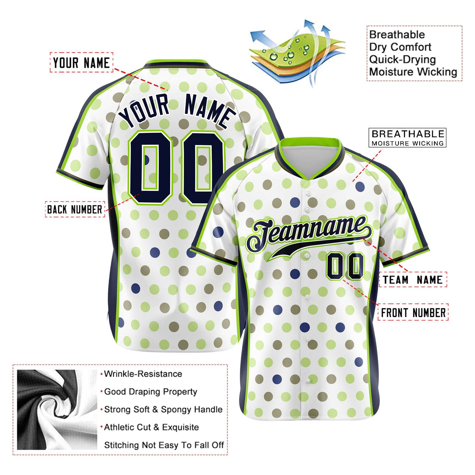 Custom White Navy Neon Green Authentic Polka Dot Fashion Baseball Jersey