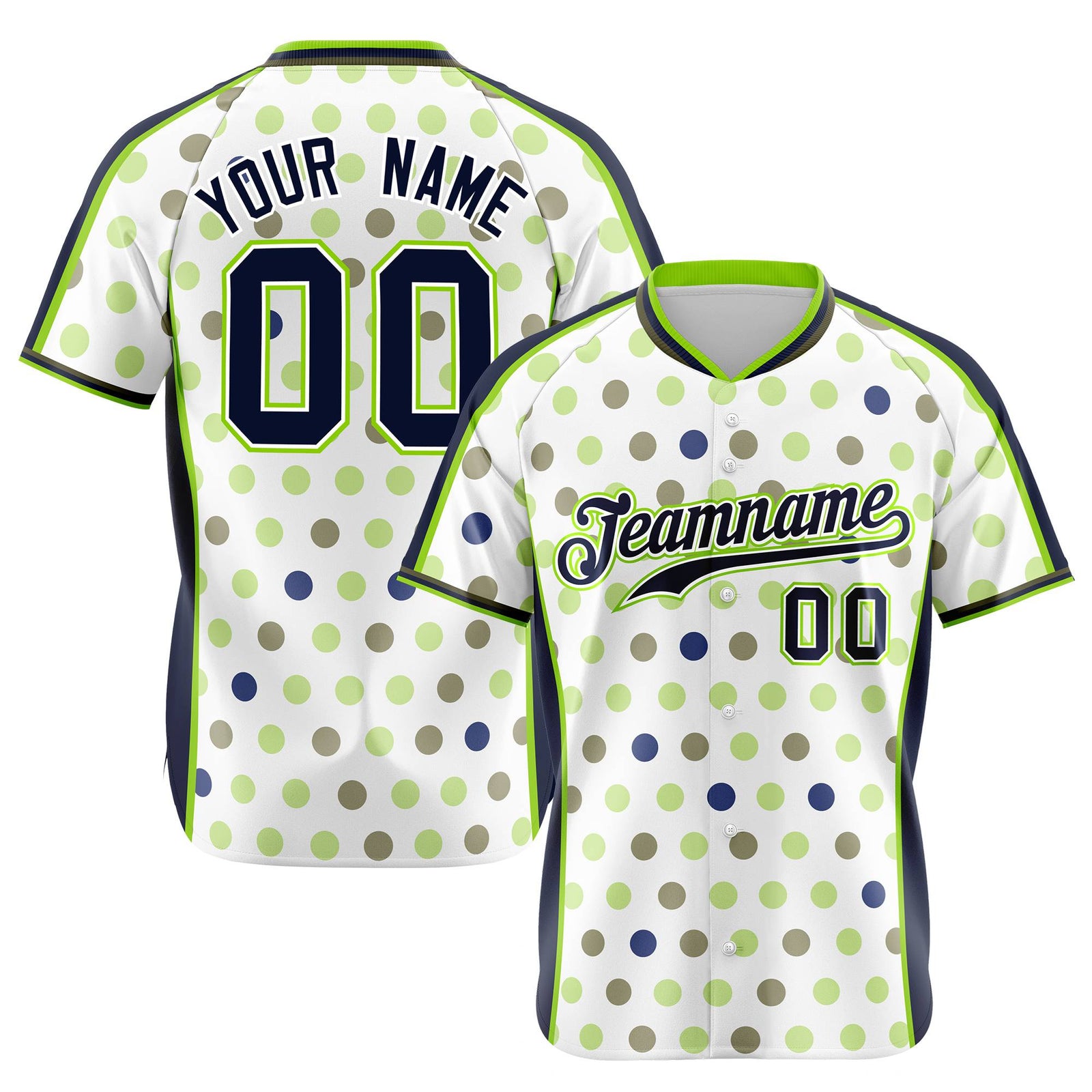 Custom White Navy Neon Green Authentic Polka Dot Fashion Baseball Jersey