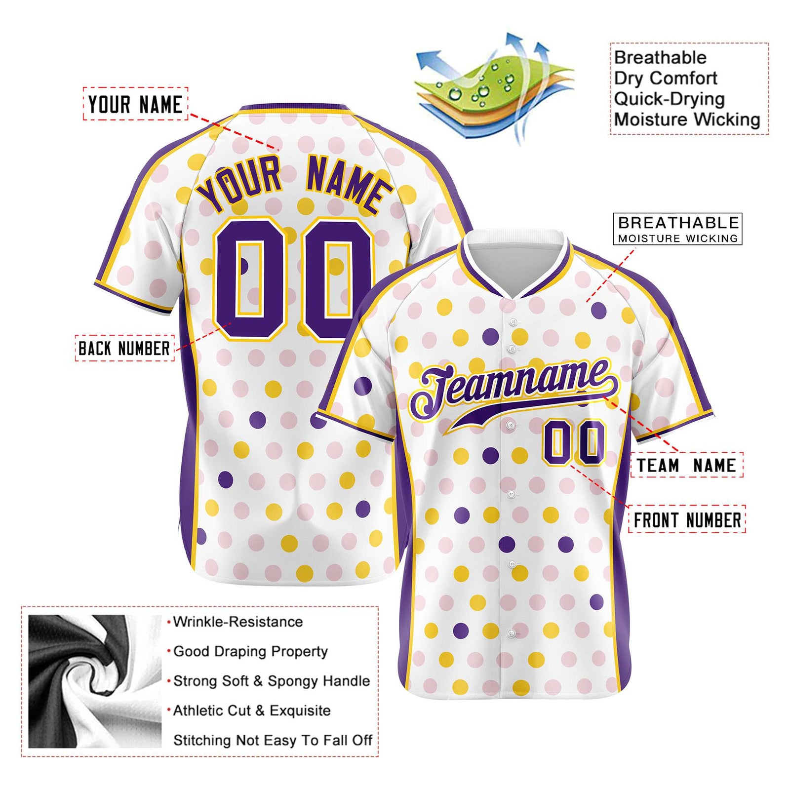 Custom White Purple Gold Authentic Polka Dot Fashion Baseball Jersey
