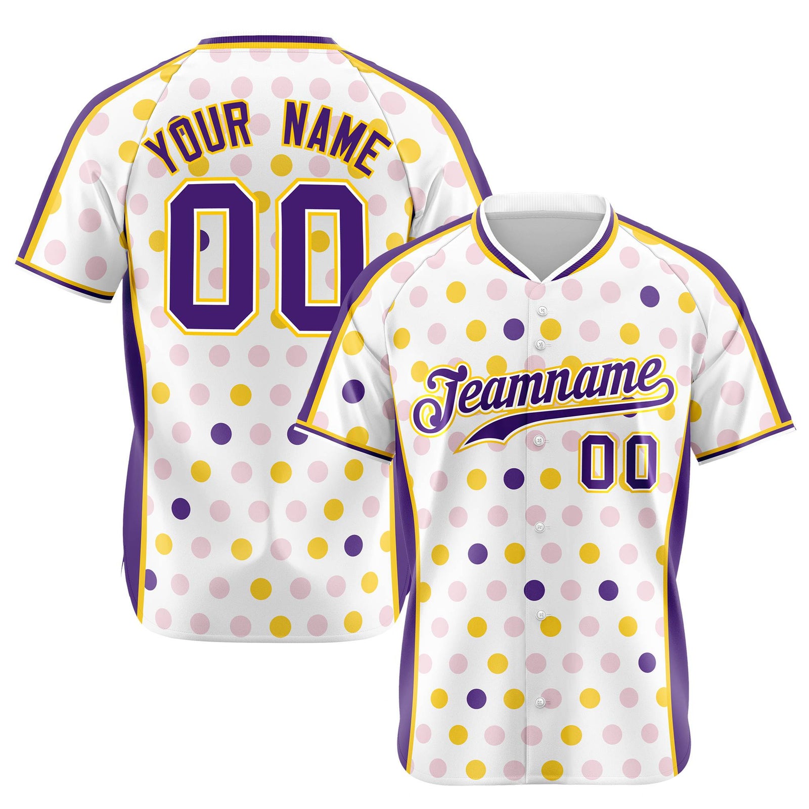 Custom White Purple Gold Authentic Polka Dot Fashion Baseball Jersey