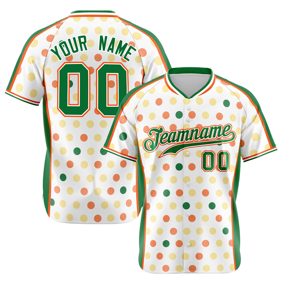 Custom White Kelly Green Orange Gold Authentic Polka Dot Fashion Baseball Jersey