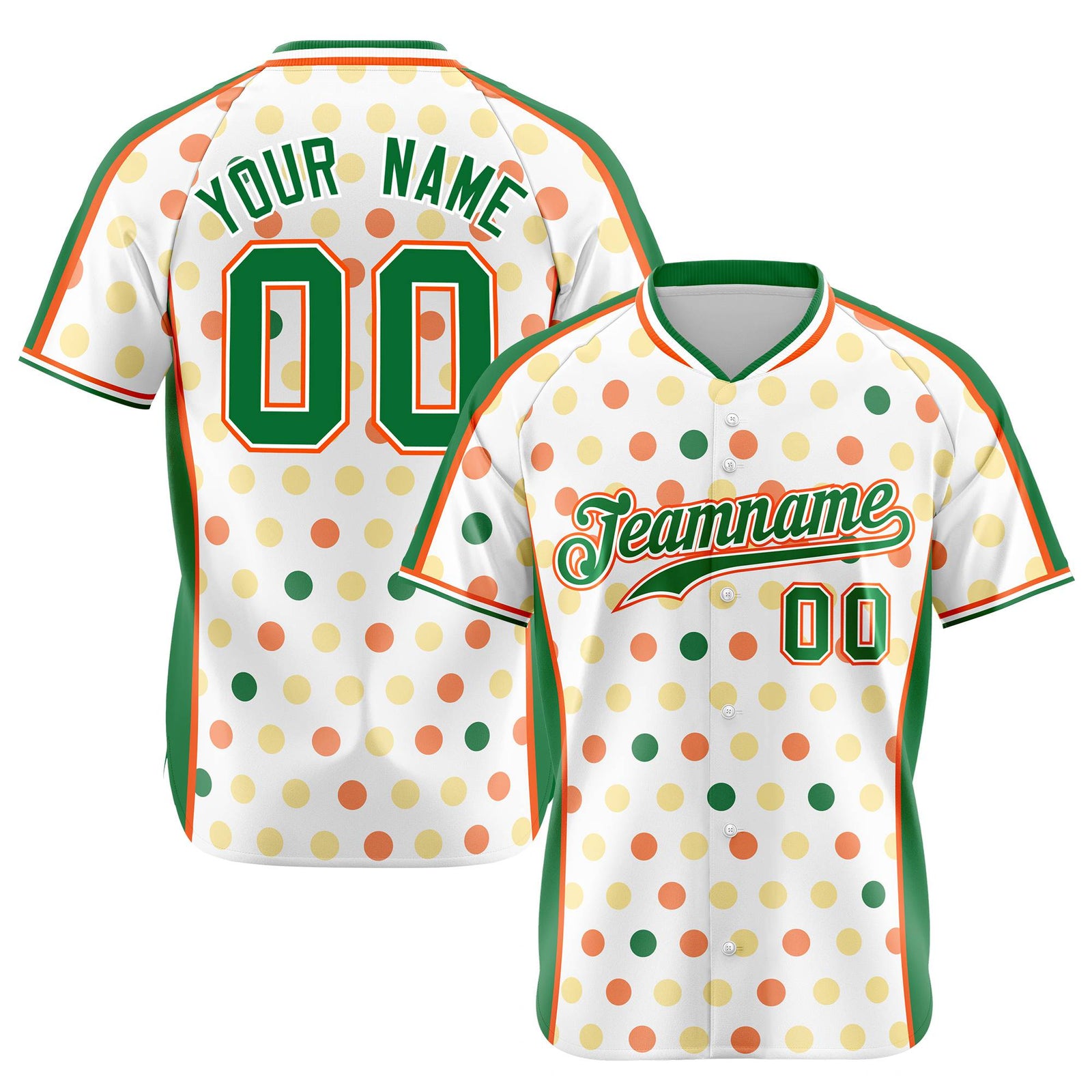Custom White Kelly Green Orange Gold Authentic Polka Dot Fashion Baseball Jersey