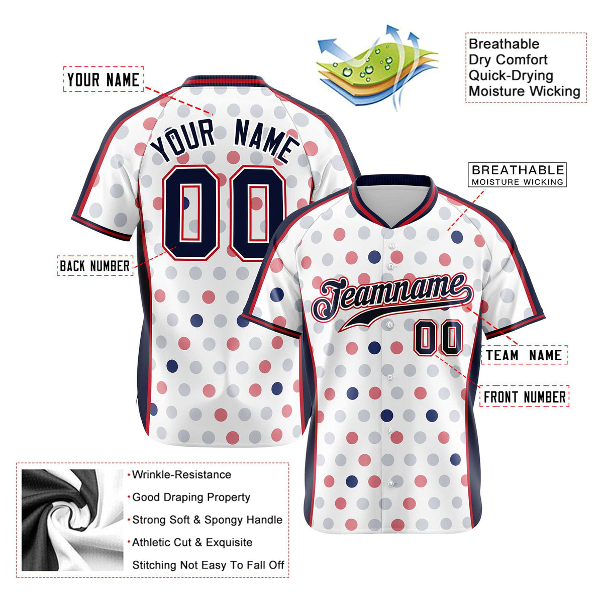 Custom White Navy Red Authentic Polka Dot Fashion Baseball Jersey