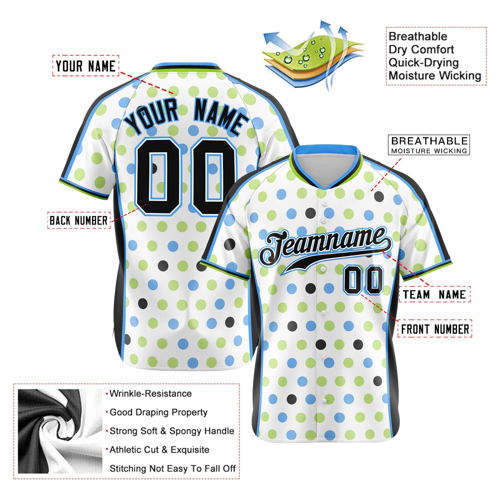 Custom White Black Powder Blue Authentic Polka Dot Fashion Baseball Jersey