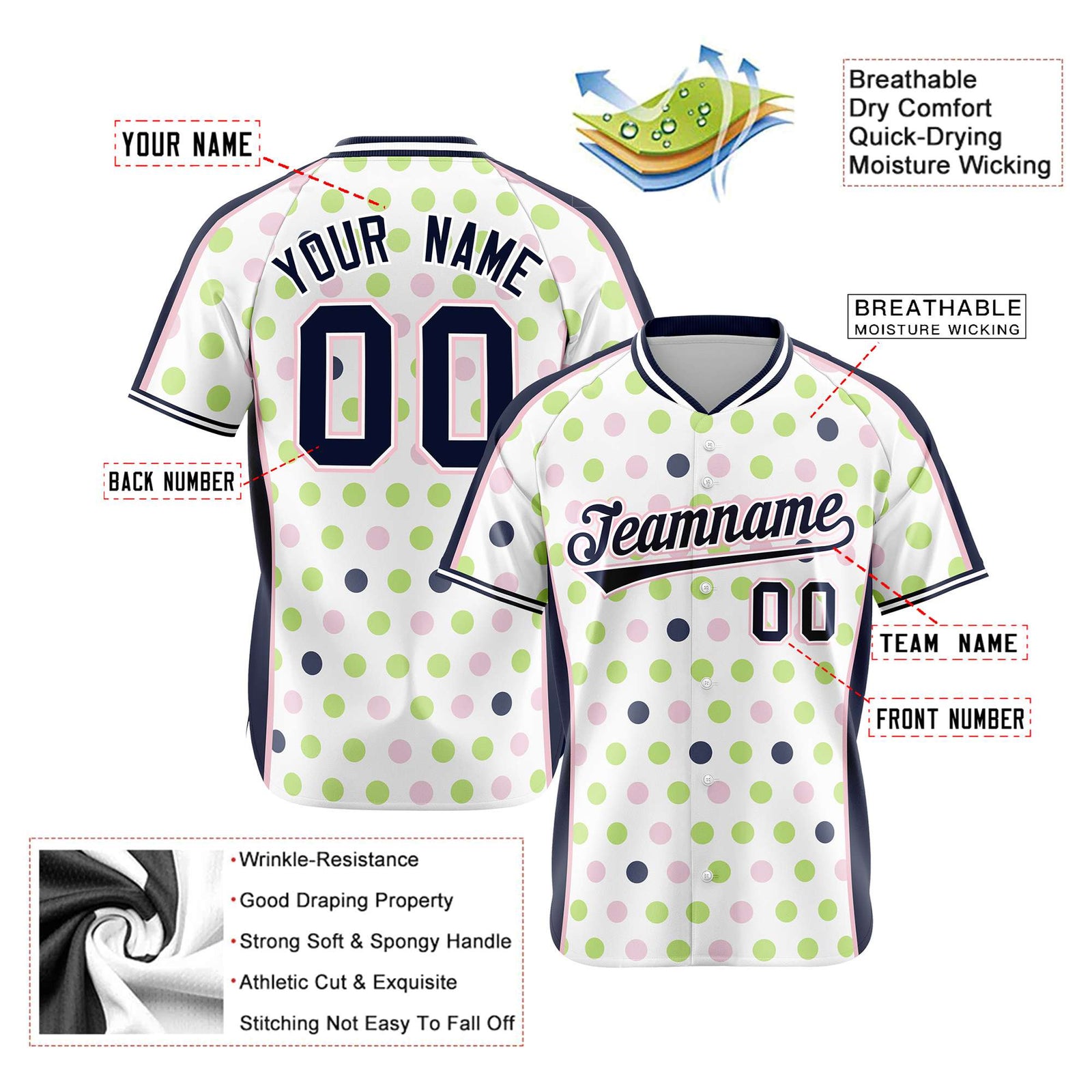 Custom White Navy Green Authentic Polka Dot Fashion Baseball Jersey
