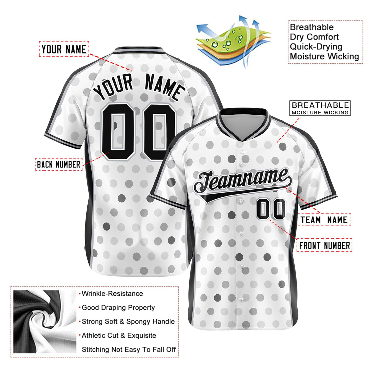Custom White Black Gray Authentic Polka Dot Fashion Baseball Jersey