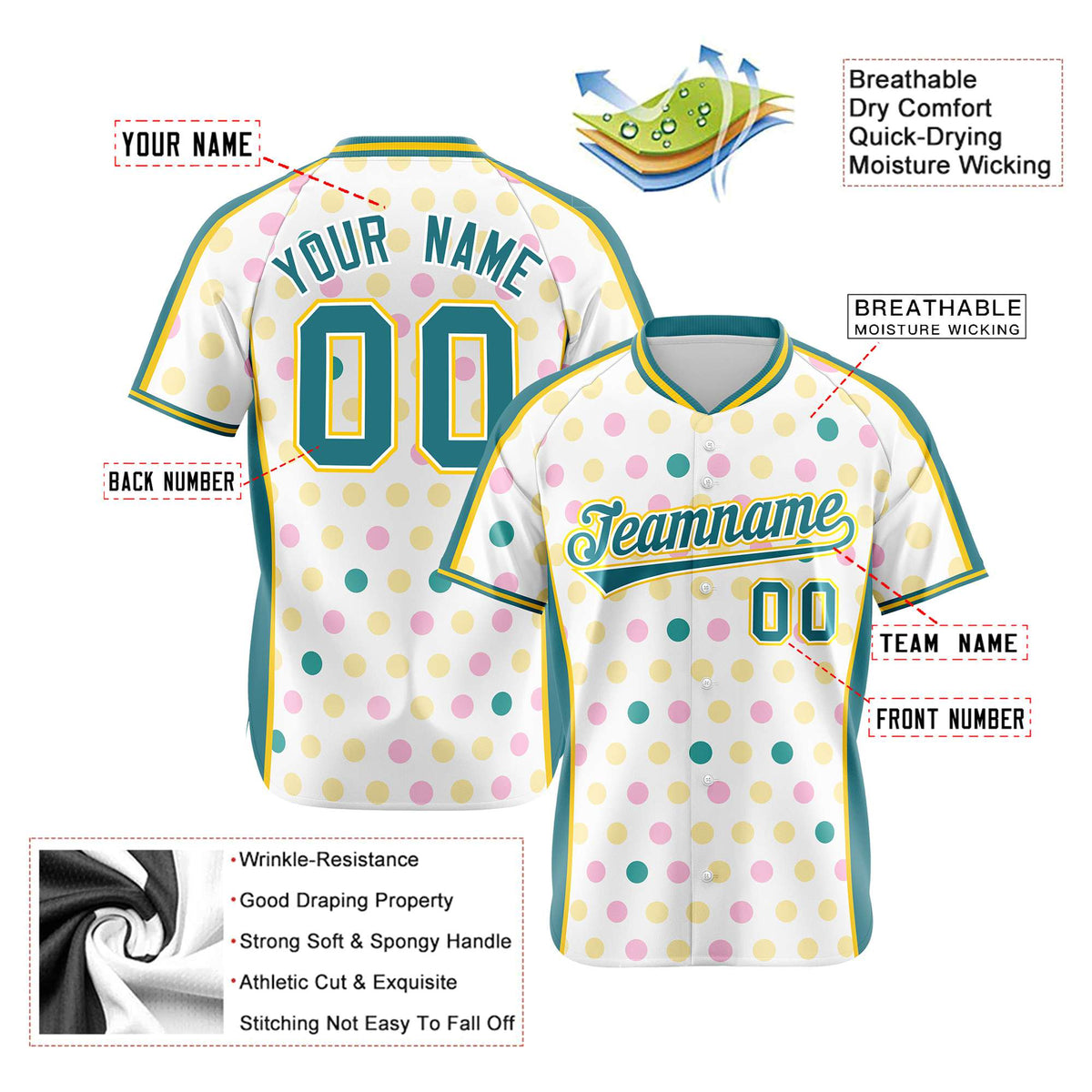 Custom White Aqua Gold Authentic Polka Dot Fashion Baseball Jersey