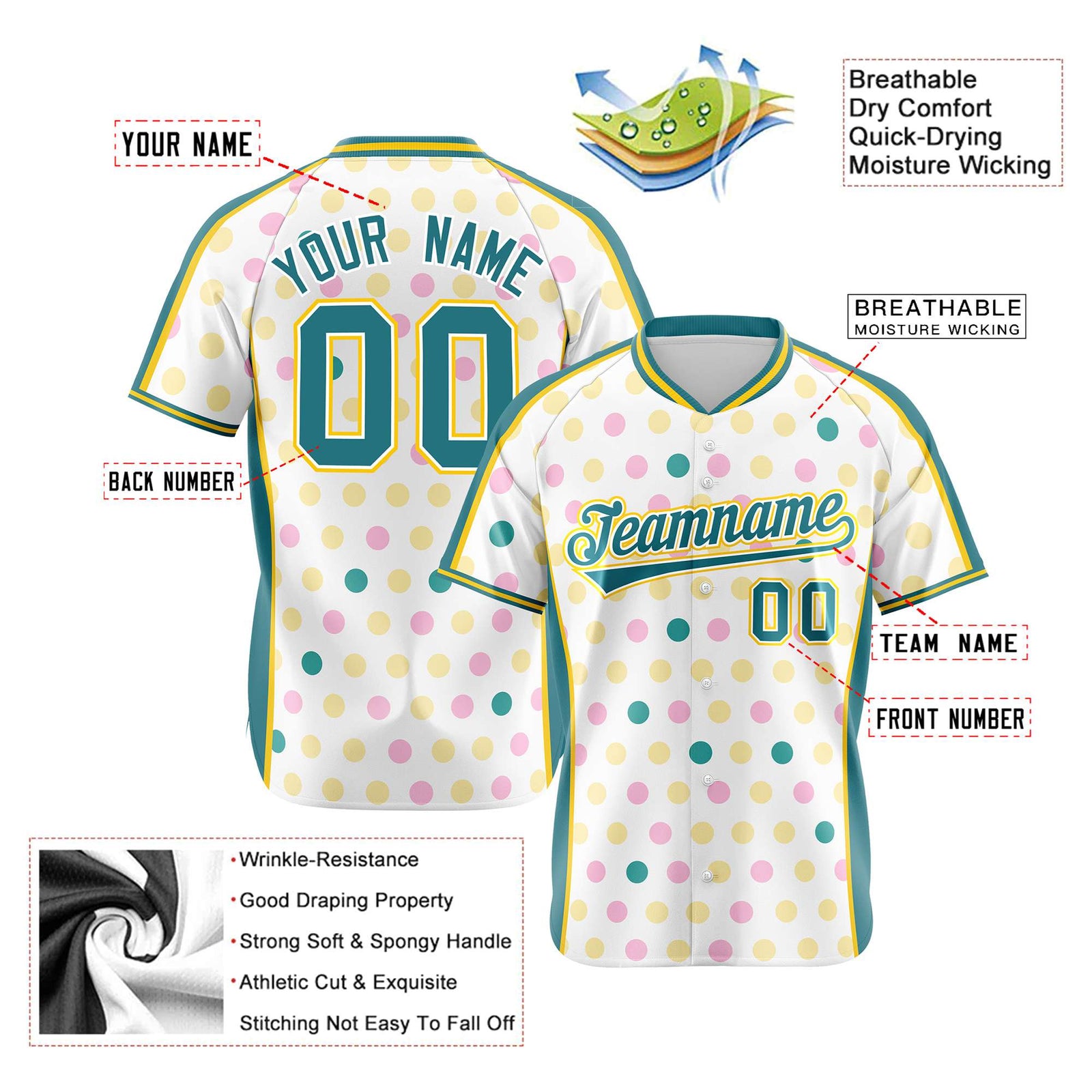 Custom White Aqua Gold Authentic Polka Dot Fashion Baseball Jersey