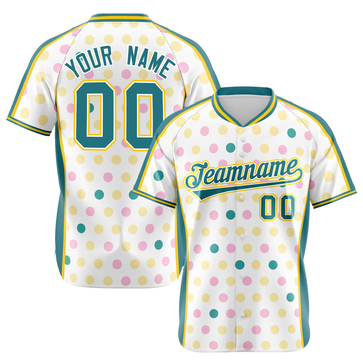 Custom White Aqua Gold Authentic Polka Dot Fashion Baseball Jersey