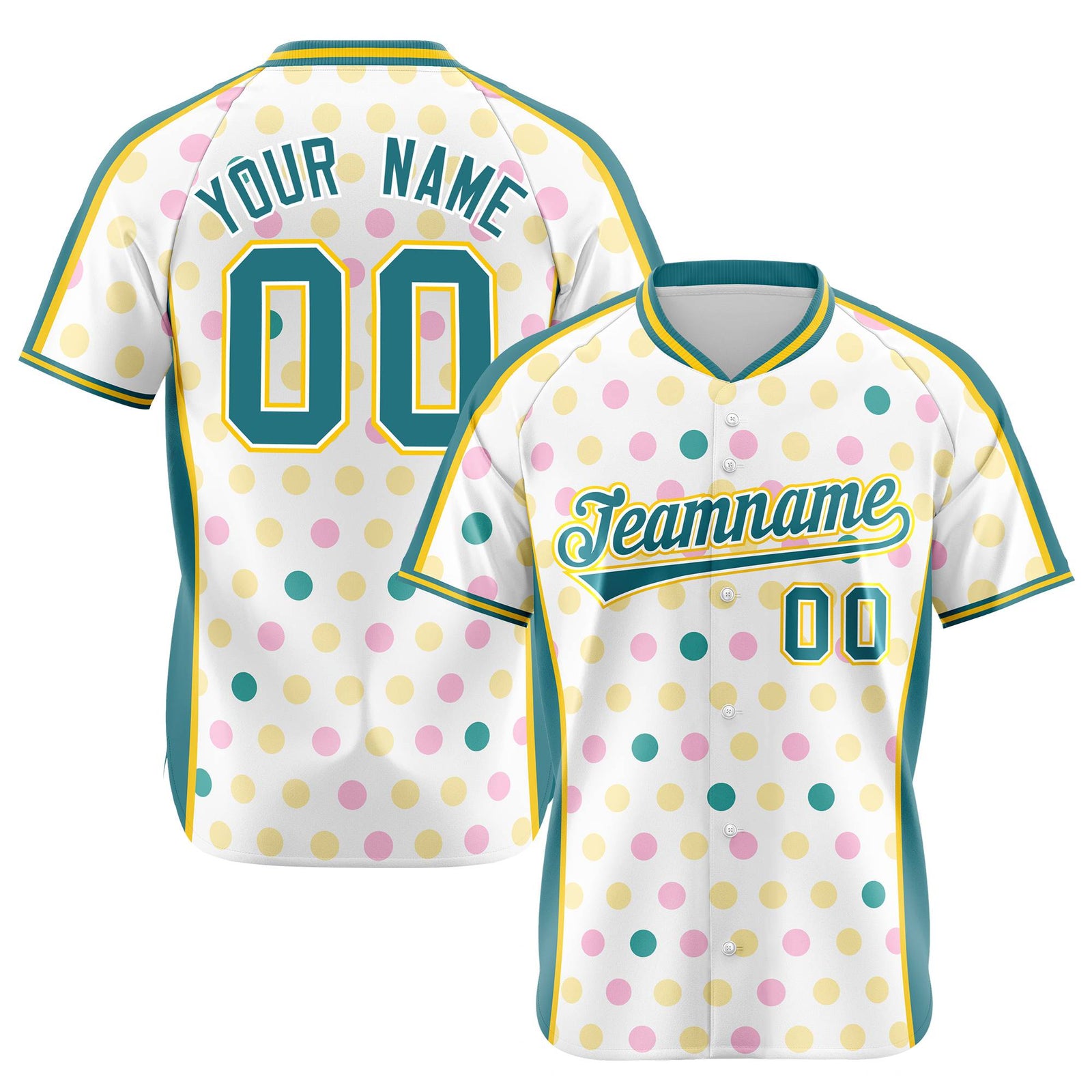 Custom White Aqua Gold Authentic Polka Dot Fashion Baseball Jersey