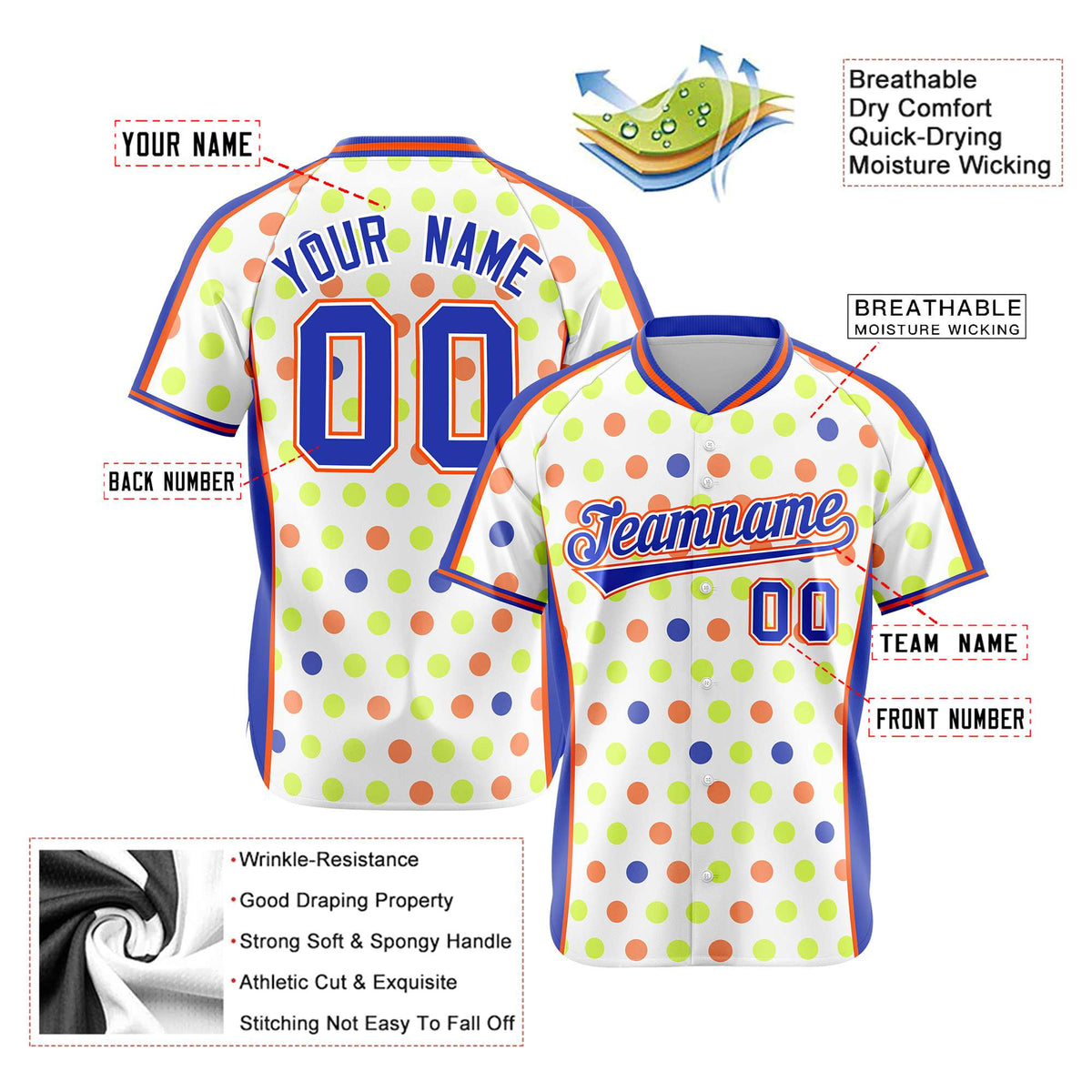 Custom White Royal Blue Orange Authentic Polka Dot Fashion Baseball Jersey
