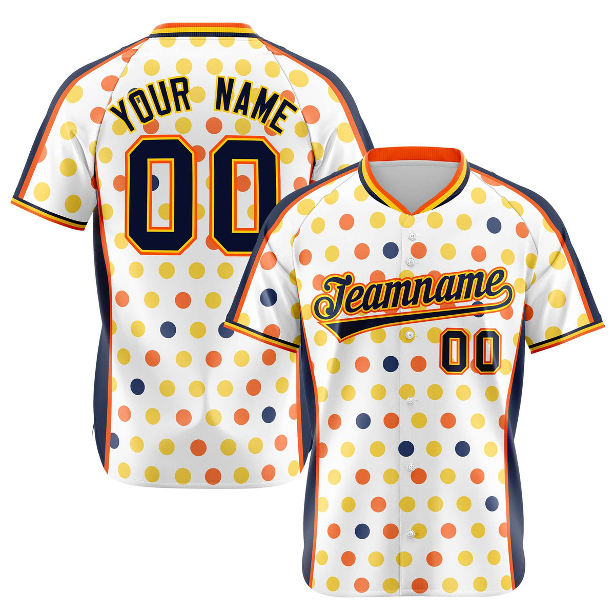 Custom White Navy Orange Gold Authentic Polka Dot Fashion Baseball Jersey