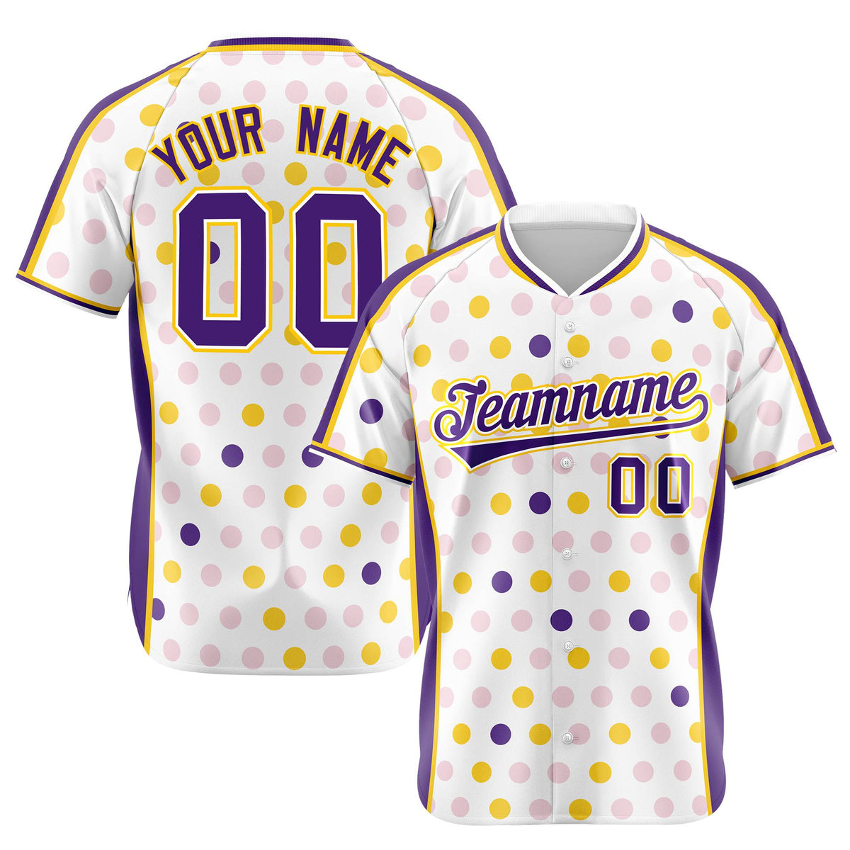 Custom White Purple Gold Authentic Polka Dot Fashion Baseball Jersey