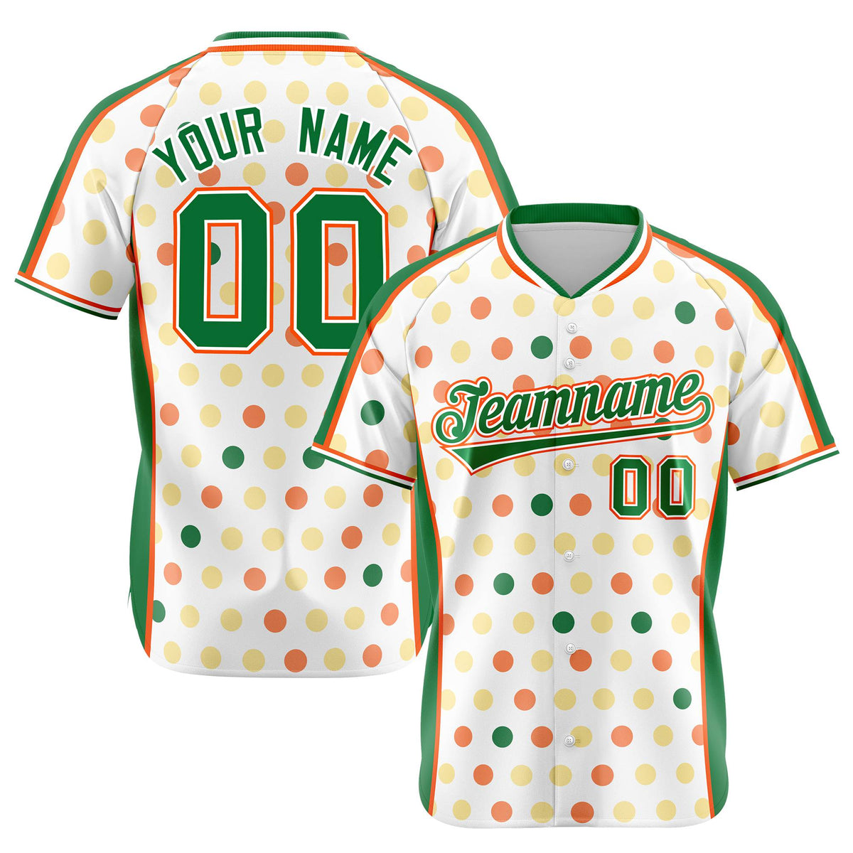 Custom White Kelly Green Orange Gold Authentic Polka Dot Fashion Baseball Jersey