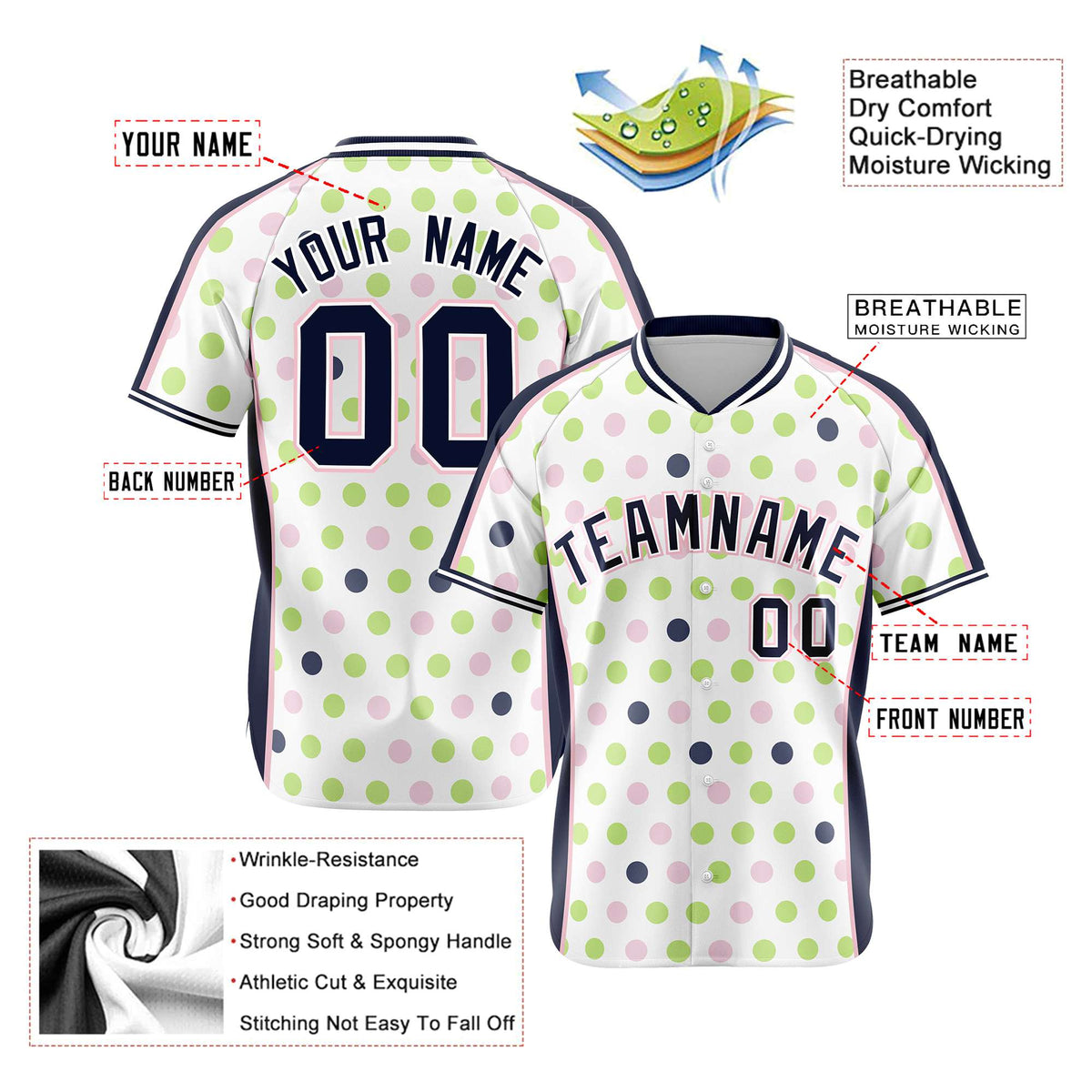 Custom White Navy Green Authentic Polka Dot Fashion Baseball Jersey