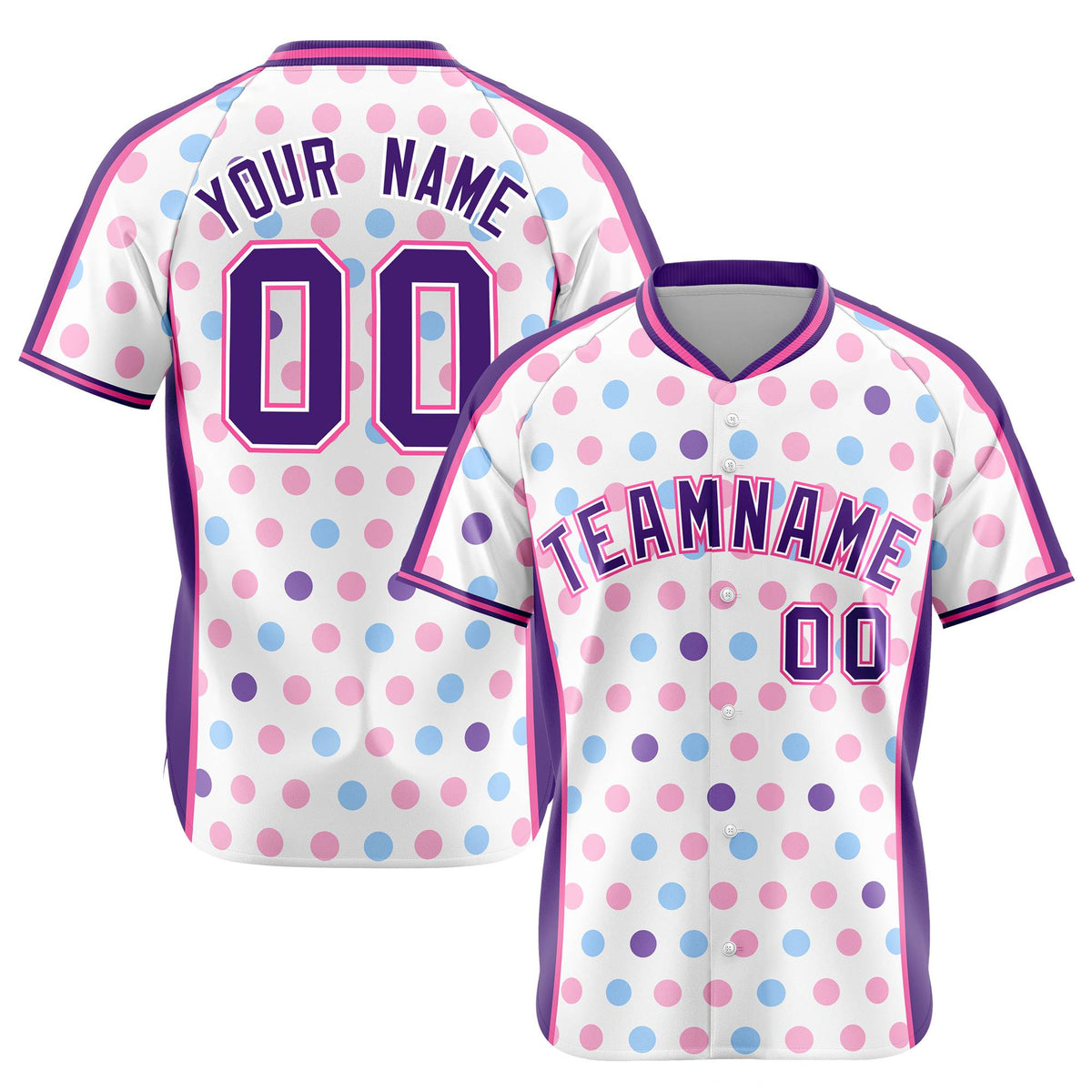 Custom White Purple Blue-Pink Authentic Polka Dot Fashion Baseball Jersey