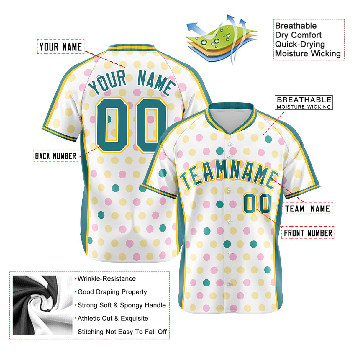 Custom White Aqua Gold Authentic Polka Dot Fashion Baseball Jersey