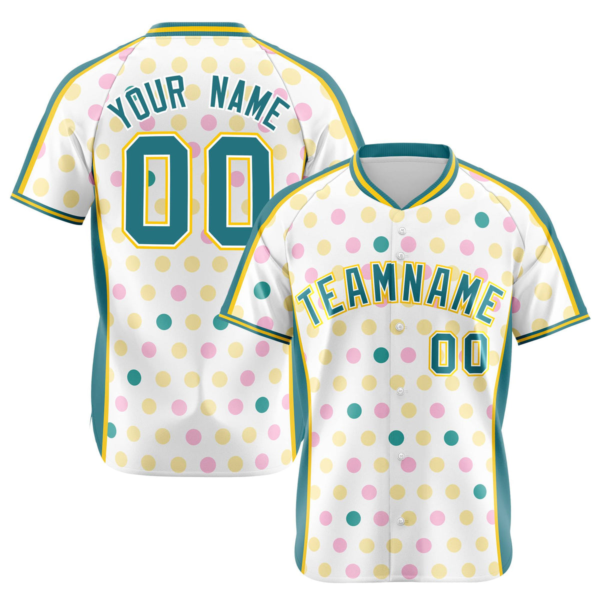 Custom White Aqua Gold Authentic Polka Dot Fashion Baseball Jersey