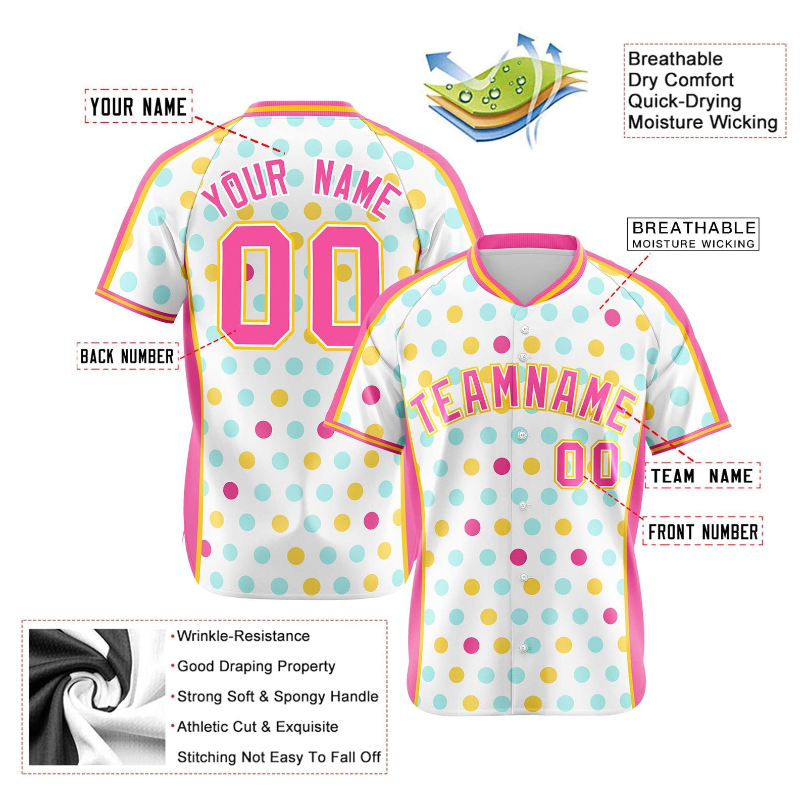 Custom White Pink Gold Authentic Polka Dot Fashion Baseball Jersey