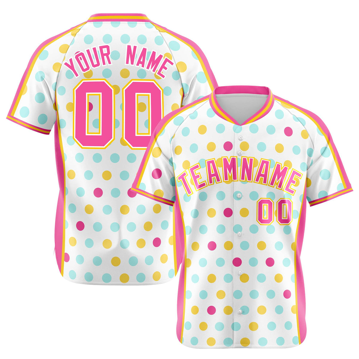 Custom White Pink Gold Authentic Polka Dot Fashion Baseball Jersey