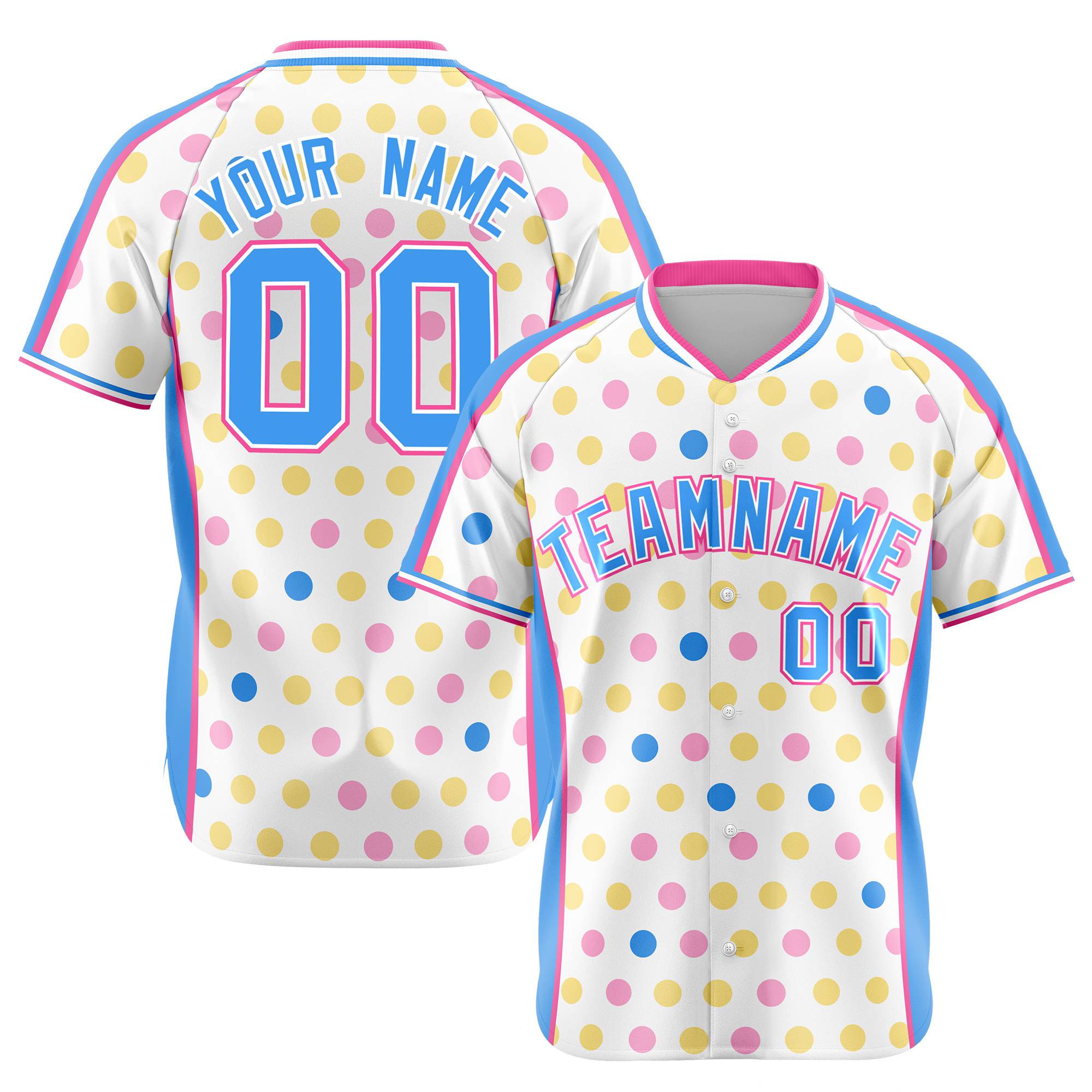 Custom White Powder Blue Pink Gold Authentic Polka Dot Fashion Baseball Jersey