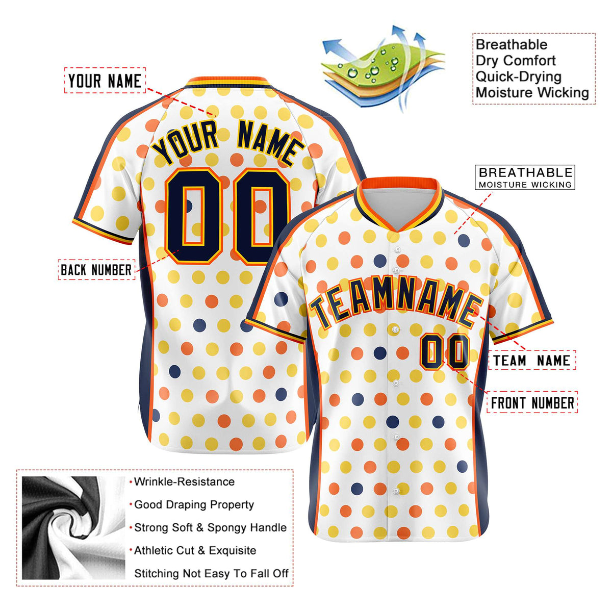 Custom White Navy Orange Gold Authentic Polka Dot Fashion Baseball Jersey