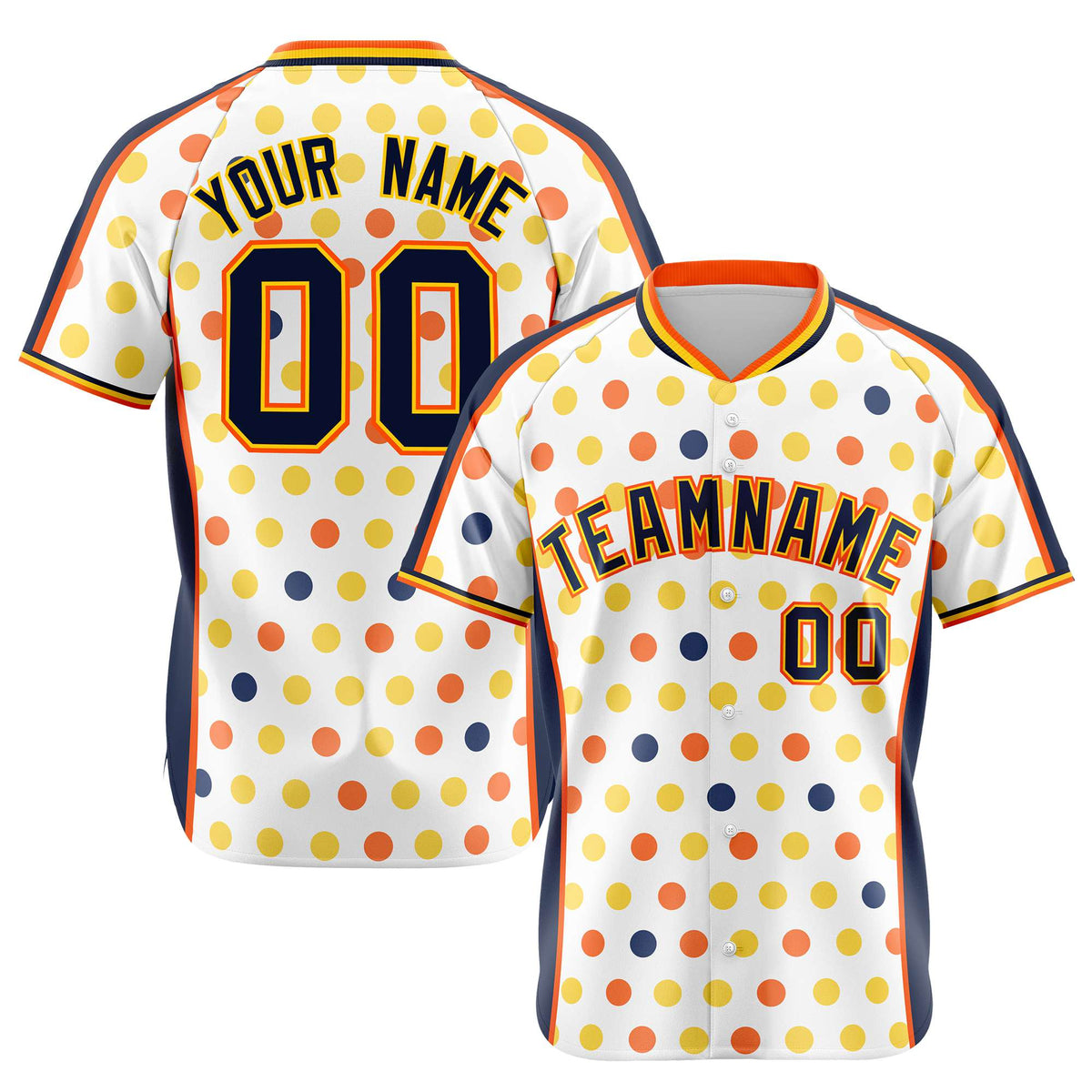 Custom White Navy Orange Gold Authentic Polka Dot Fashion Baseball Jersey
