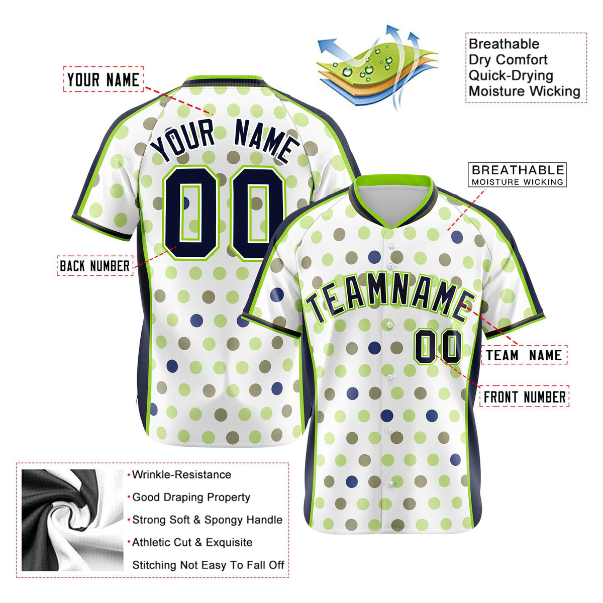 Custom White Navy Neon Green Authentic Polka Dot Fashion Baseball Jersey