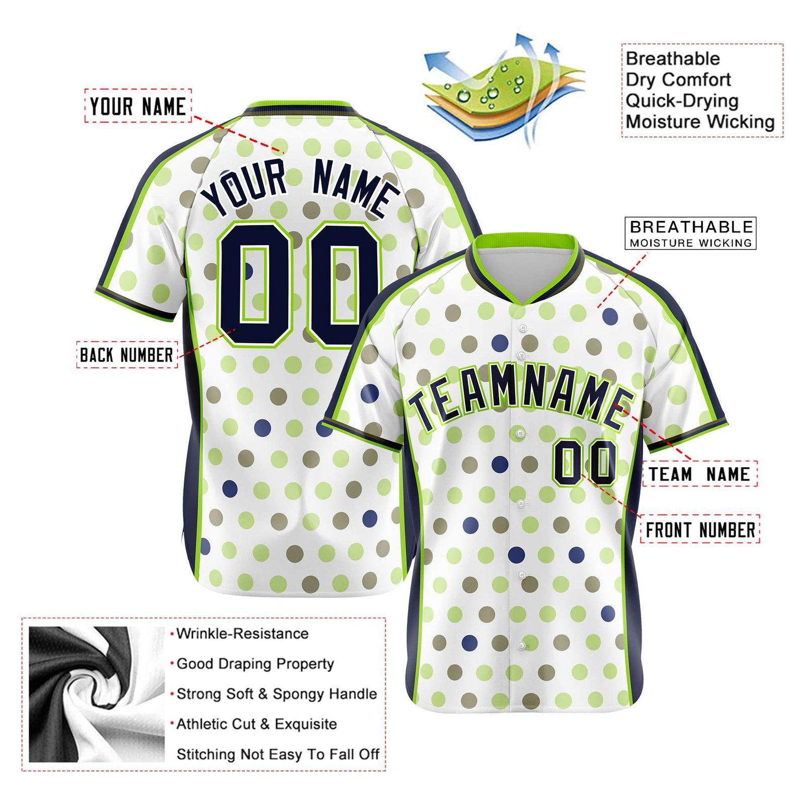 Custom White Navy Neon Green Authentic Polka Dot Fashion Baseball Jersey