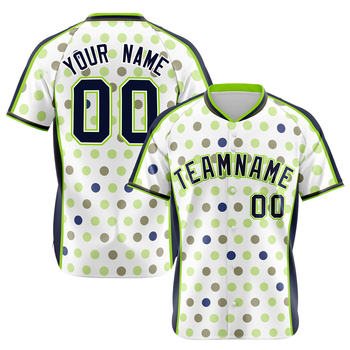Custom White Navy Neon Green Authentic Polka Dot Fashion Baseball Jersey