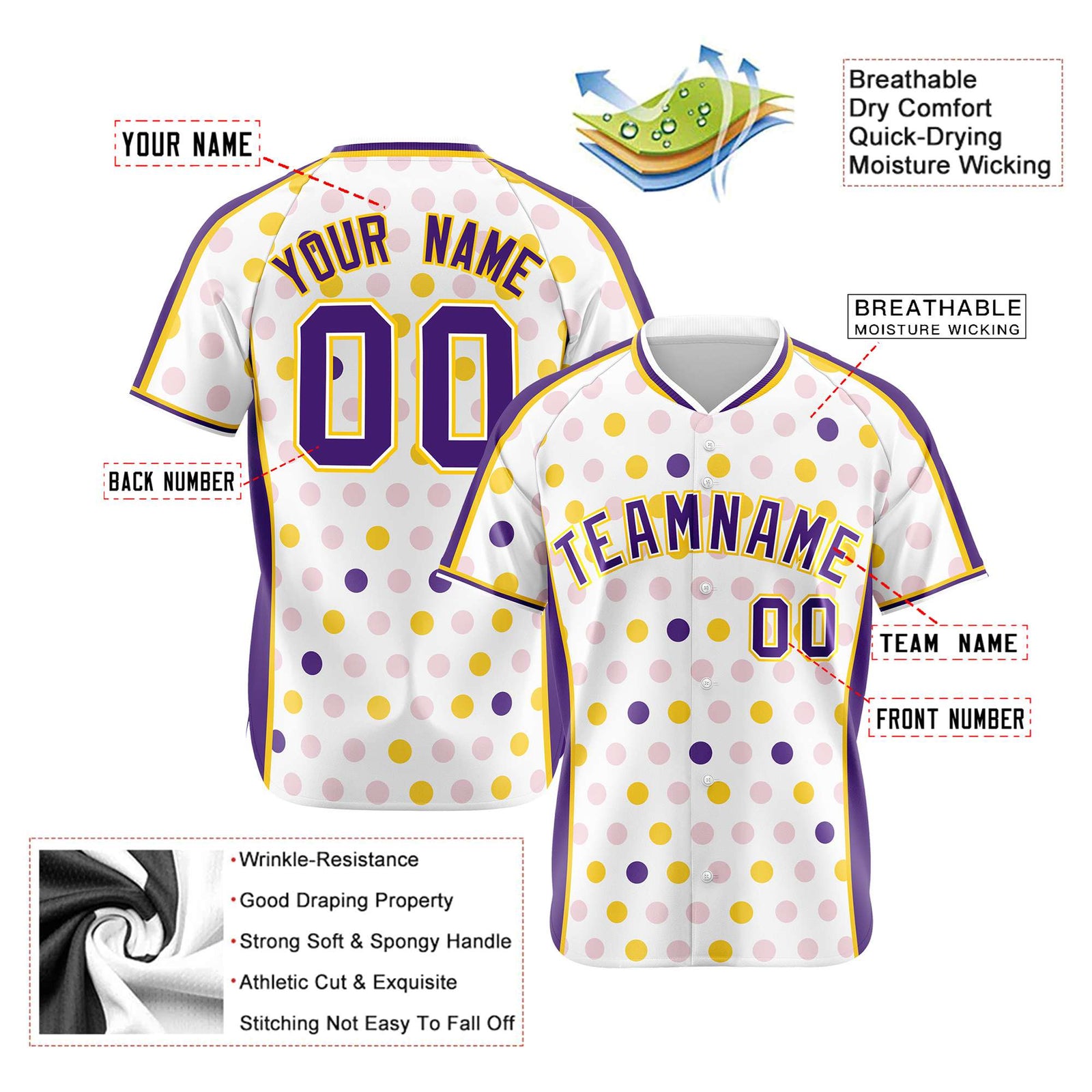 Custom White Purple Gold Authentic Polka Dot Fashion Baseball Jersey