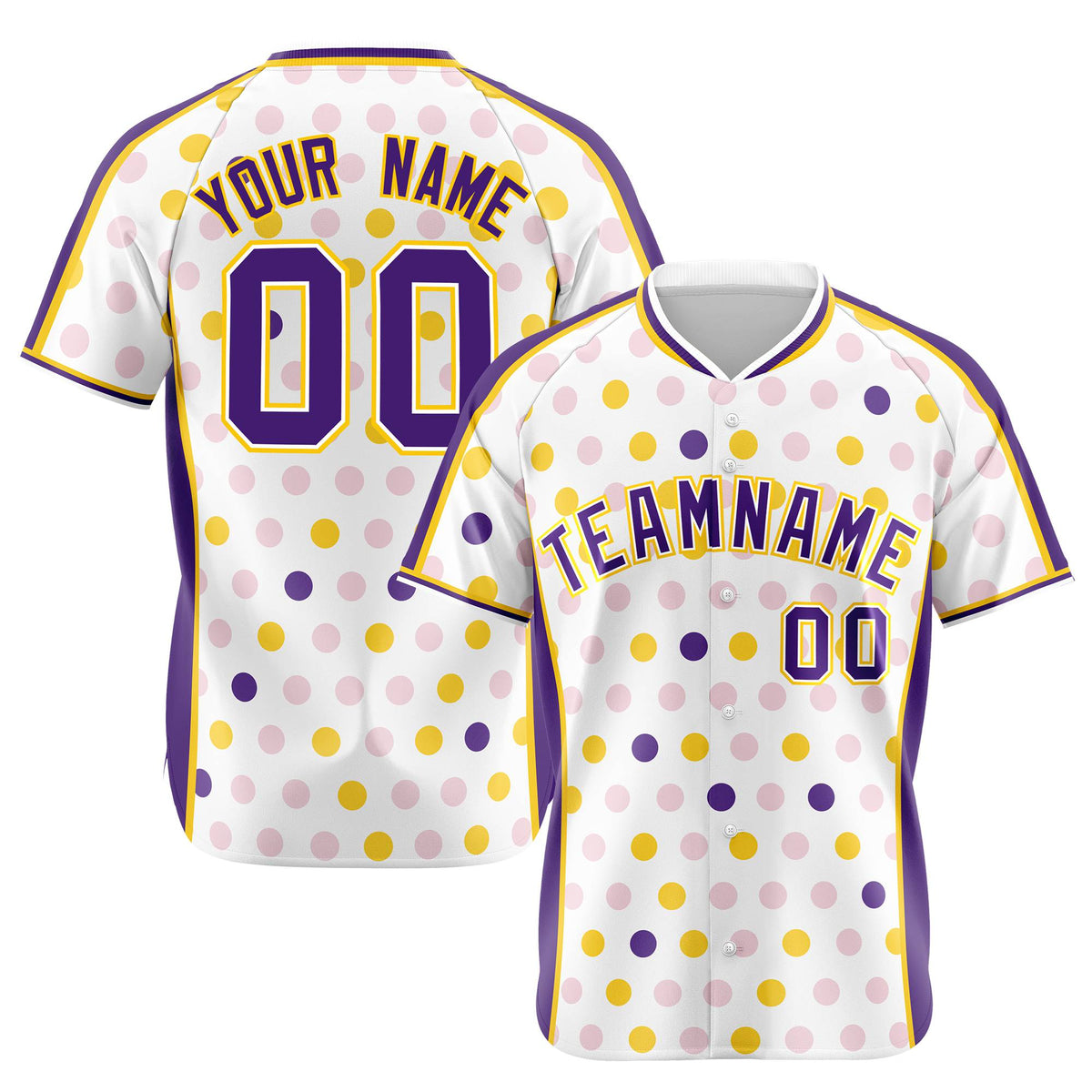 Custom White Purple Gold Authentic Polka Dot Fashion Baseball Jersey