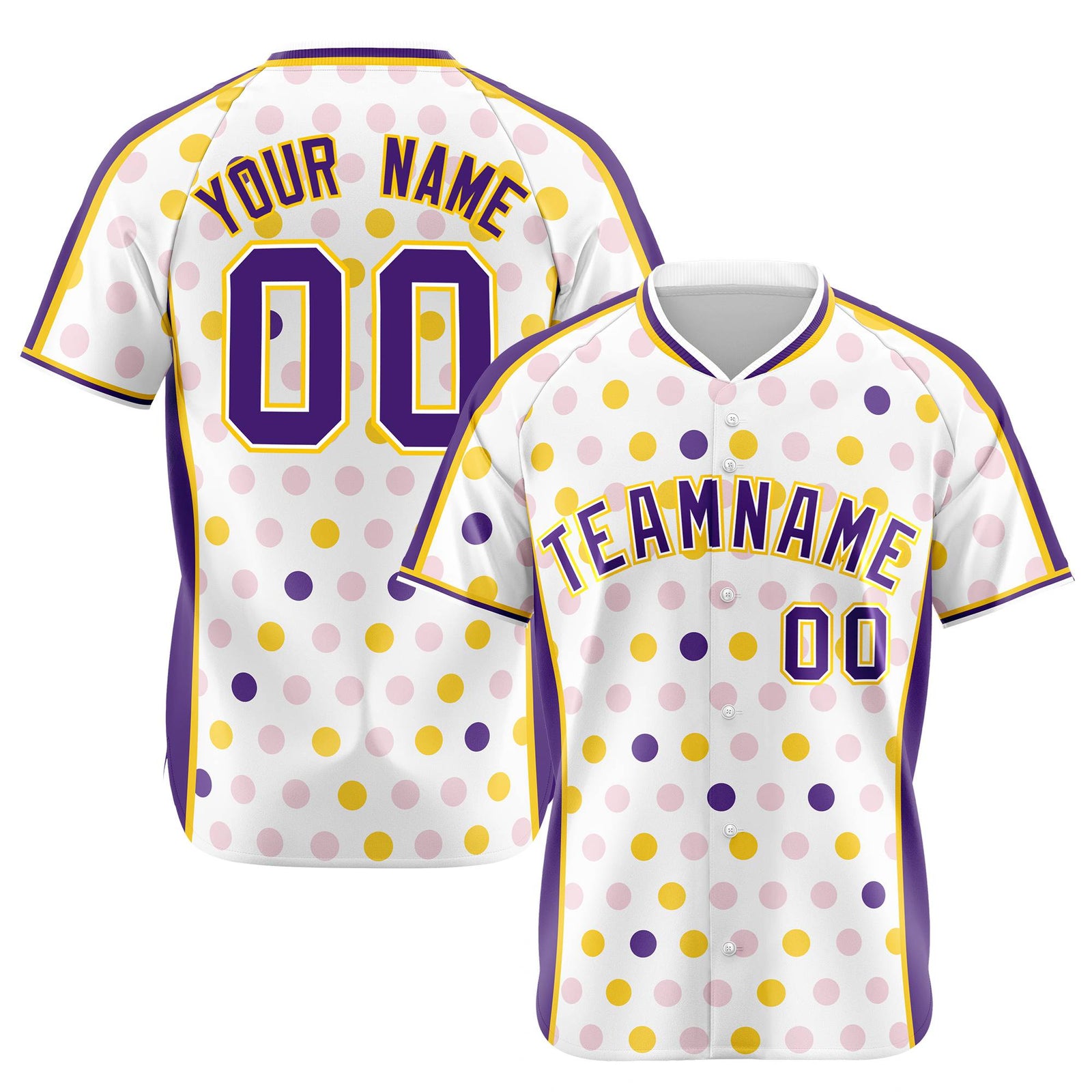 Custom White Purple Gold Authentic Polka Dot Fashion Baseball Jersey