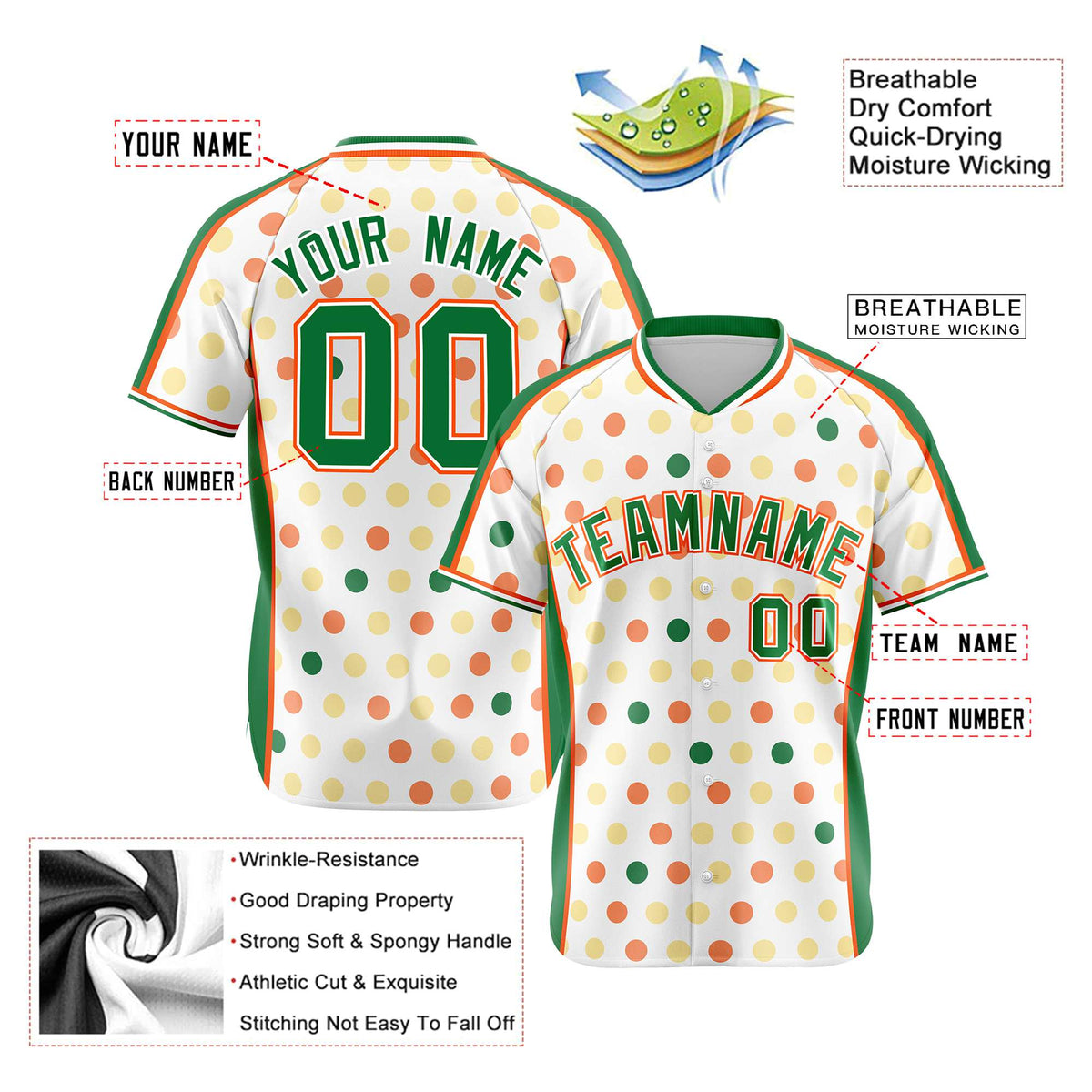 Custom White Kelly Green Orange Gold Authentic Polka Dot Fashion Baseball Jersey