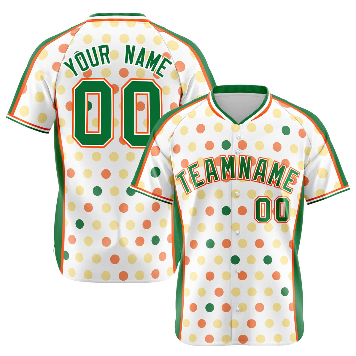 Custom White Kelly Green Orange Gold Authentic Polka Dot Fashion Baseball Jersey