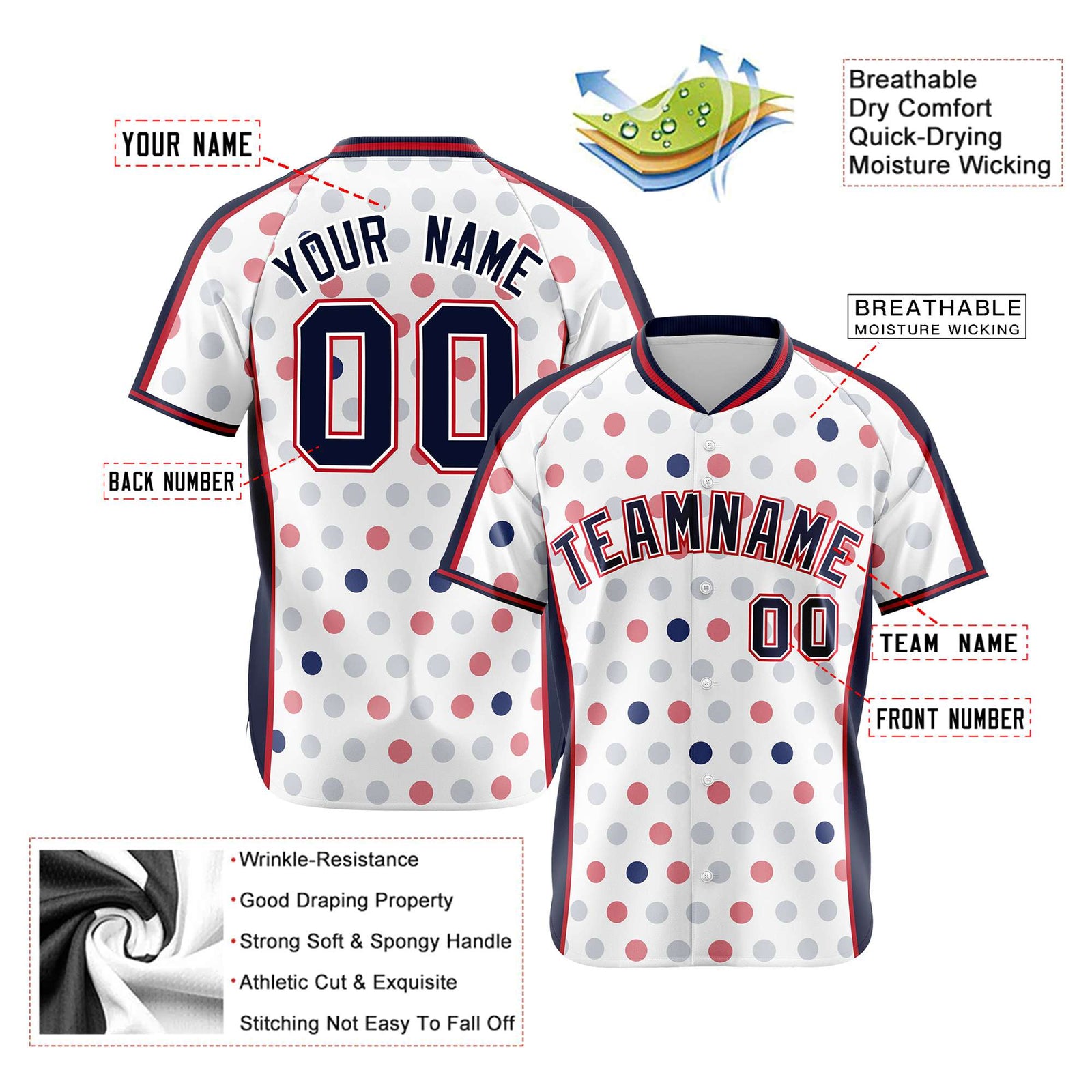 Custom White Navy Red Authentic Polka Dot Fashion Baseball Jersey