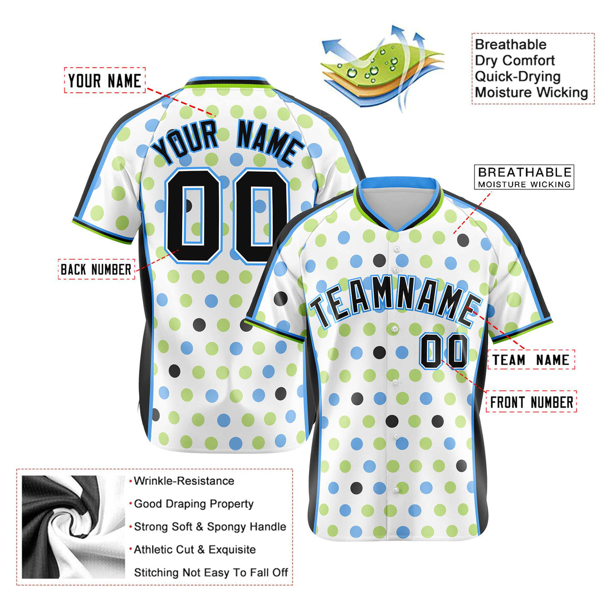 Custom White Black Powder Blue Authentic Polka Dot Fashion Baseball Jersey