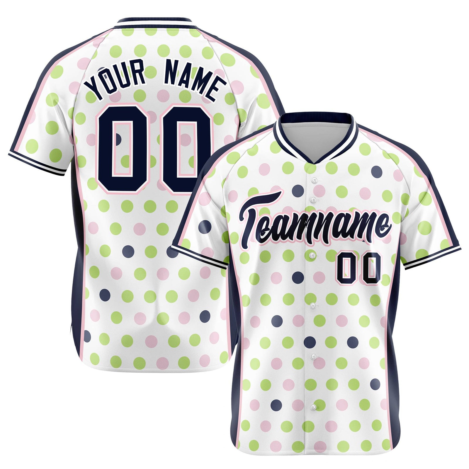 Custom White Navy Green Authentic Polka Dot Fashion Baseball Jersey