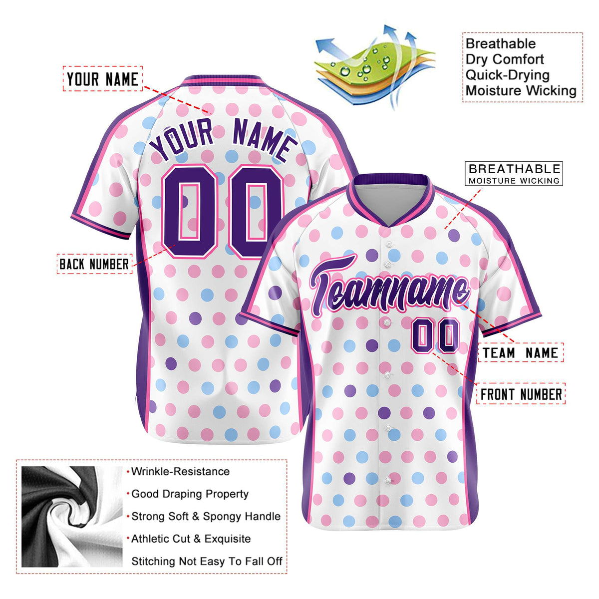 Custom White Purple Blue-Pink Authentic Polka Dot Fashion Baseball Jersey