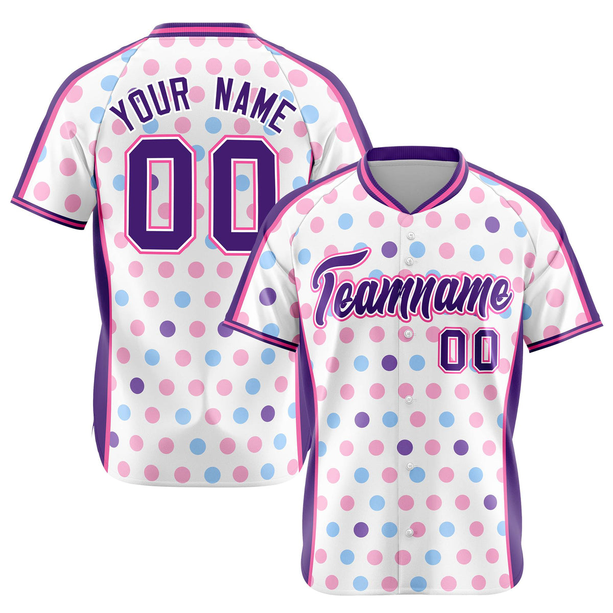 Custom White Purple Blue-Pink Authentic Polka Dot Fashion Baseball Jersey
