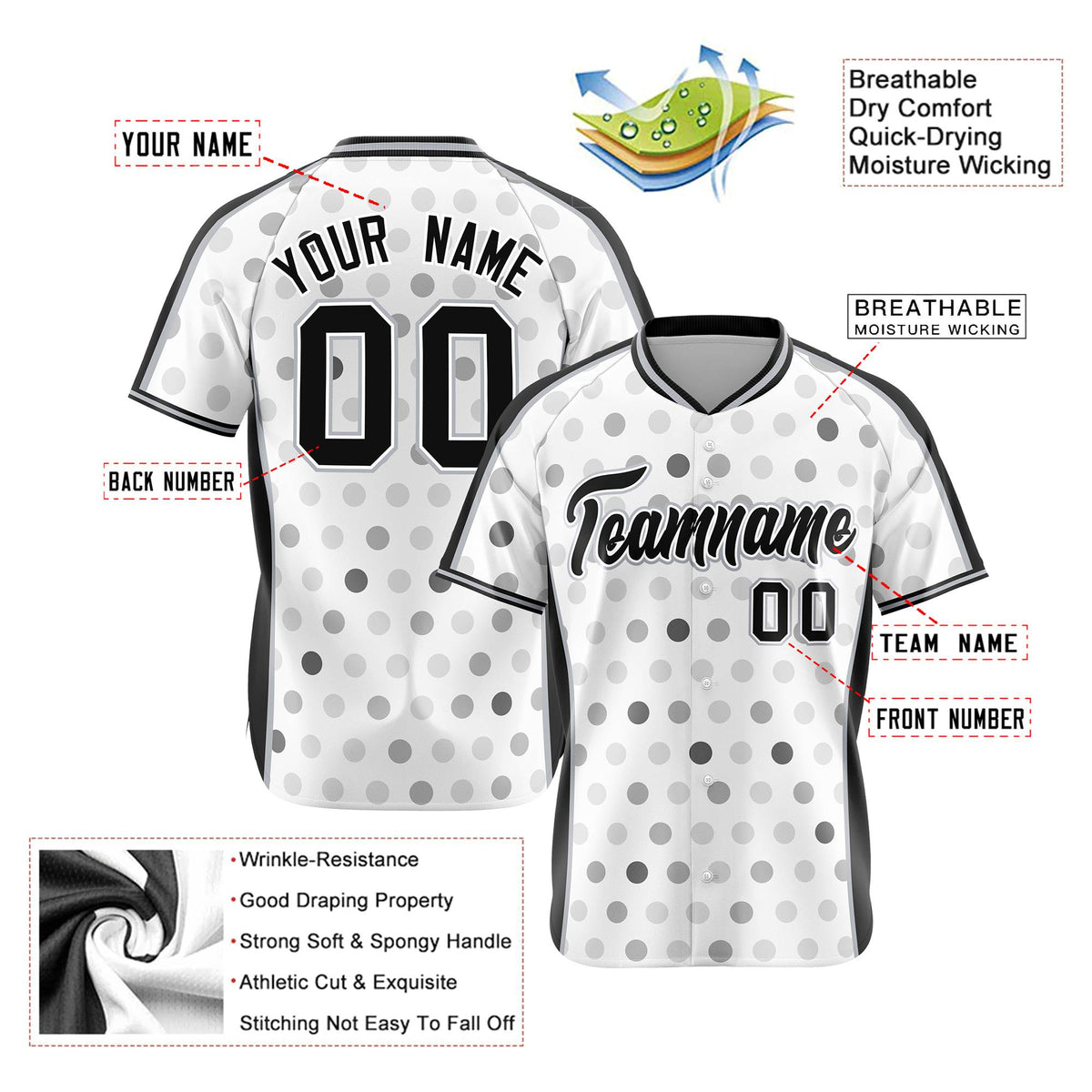 Custom White Black Gray Authentic Polka Dot Fashion Baseball Jersey