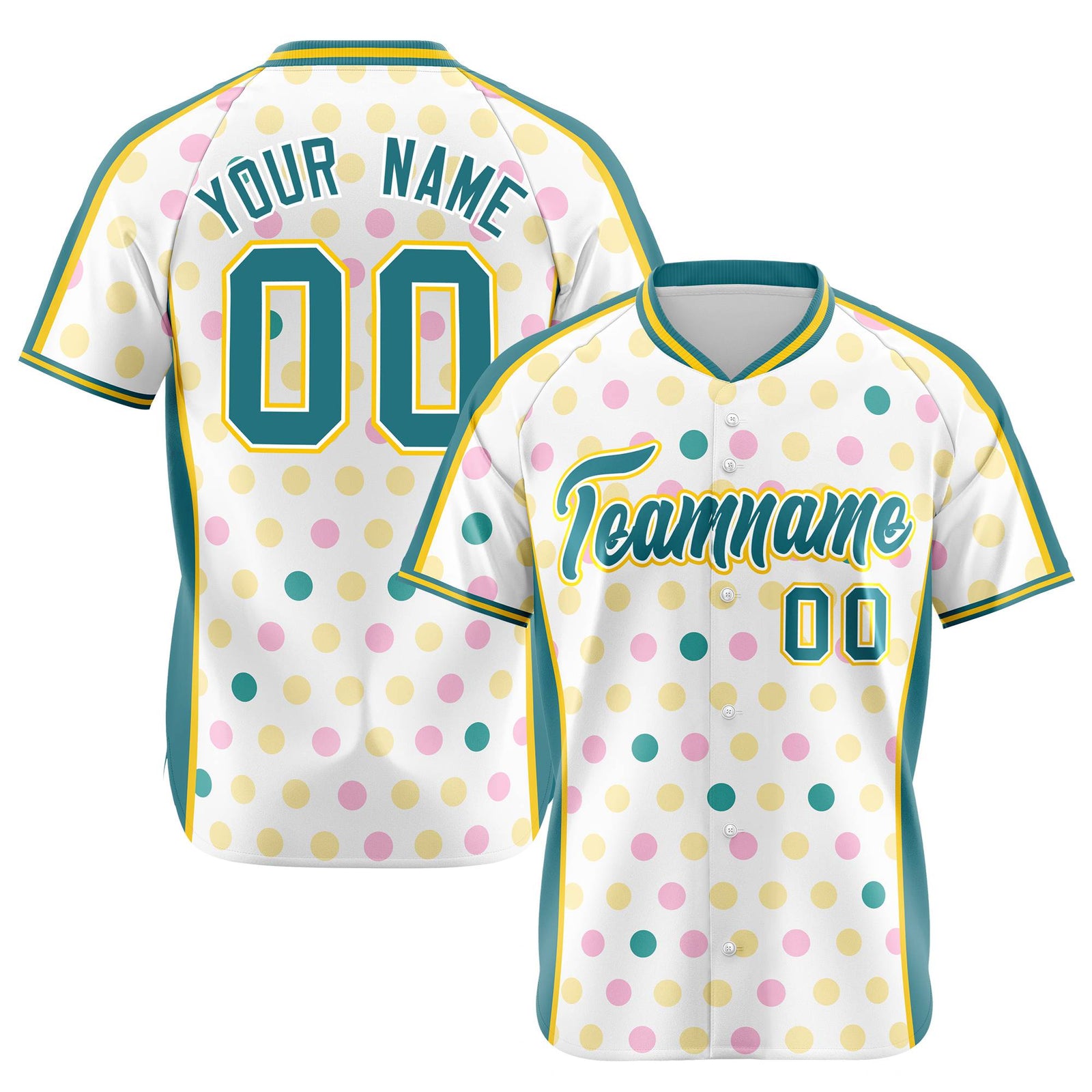 Custom White Aqua Gold Authentic Polka Dot Fashion Baseball Jersey