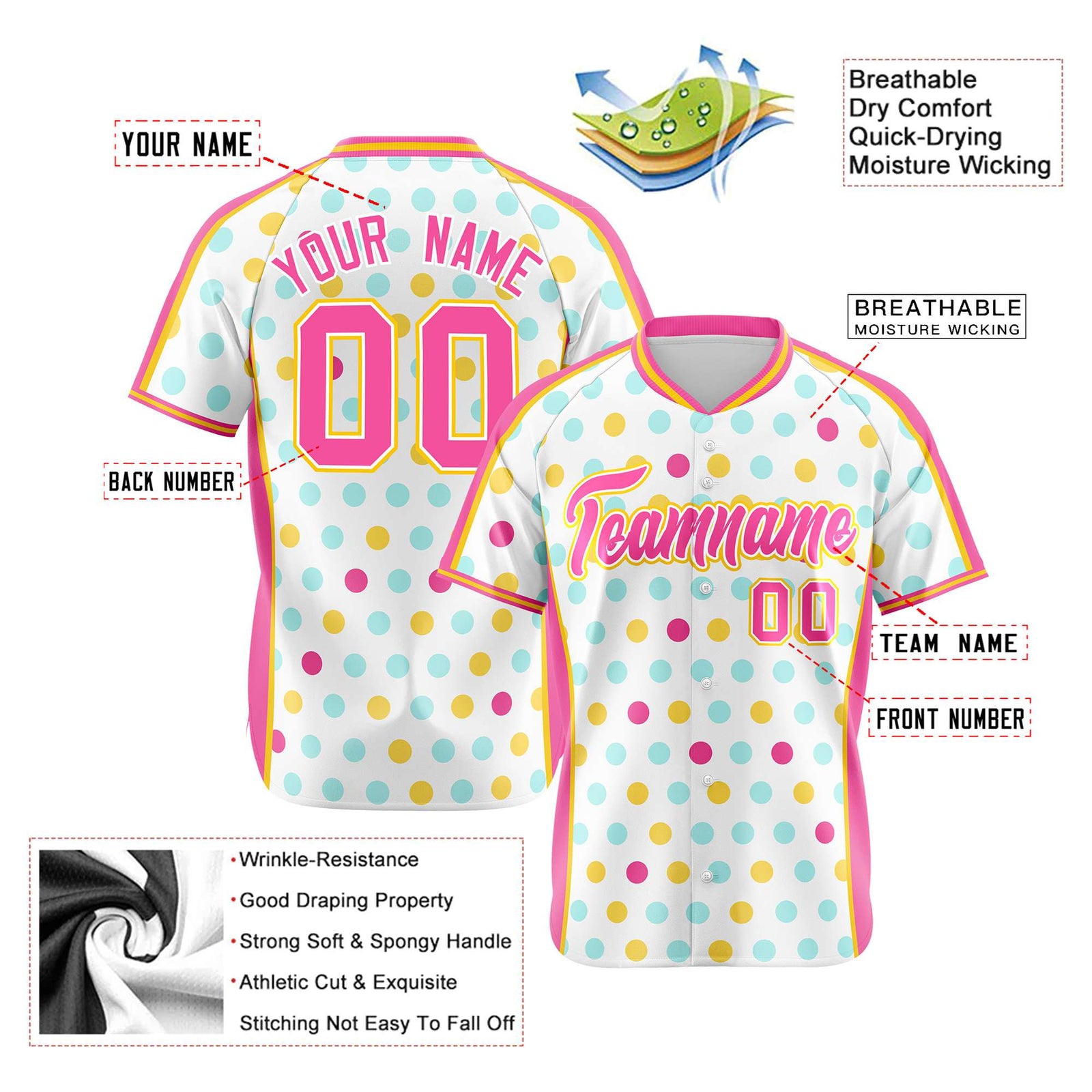 Custom White Pink Gold Authentic Polka Dot Fashion Baseball Jersey